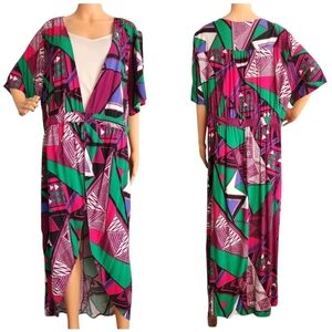 IMAN Global Chic Tribal Print Hi-Low Cover Tunic Stretch Waist Duster Jacket 2X